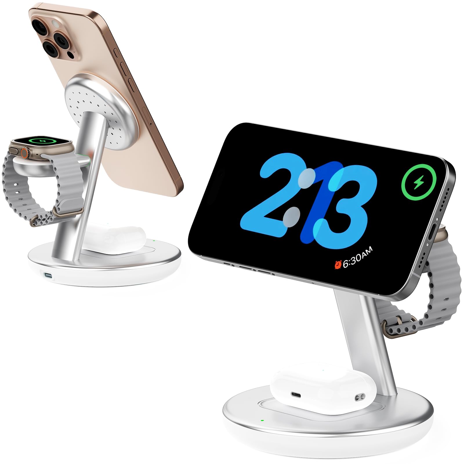 2026 Apple 5W Fast iWatch Charging,3 in 1 Charging Station for Apple Devices,Mag-Safe Charger Stand,Wireless Charger for iPhone 17/16/15/14/13/12 Series,& AirPods（Silvery）