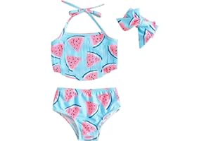 Sanqidu 3pcs Infant Baby Girl Swimwear Cute Fruit Printed Fringe Halter Bikini Top and Bottom Set Toddler Swimsuit Beachwear