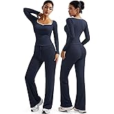 OMKAGI Womens Lounge Set Lace Square Neck Long Sleeve Tops Wide Leg Pants 2 Piece Outfits