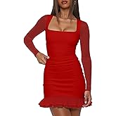 Mokoru Women's Sexy Square Neck Long Sleeve Mini Dress Ruched Bodycon Ruffle Cocktail Party Short Dresses