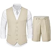 Hihawk Men’s 2-Piece Linen Vest Pants, Lightweight Waistcoat Shorts, Casual Wedding Beach Summer Prom Homecoming Outfit
