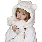 Women Kawaii Bear Ear Beanie Hat Scarf 2 in 1, Cute Winter Warm Sherpa Thicken Fleece Fuzzy Japanese Fluffy Knit Hat