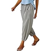 Cotton Casual Capri for Women Elastic High Waisted Loose Lantern Tapered Harem Pants with Pockets