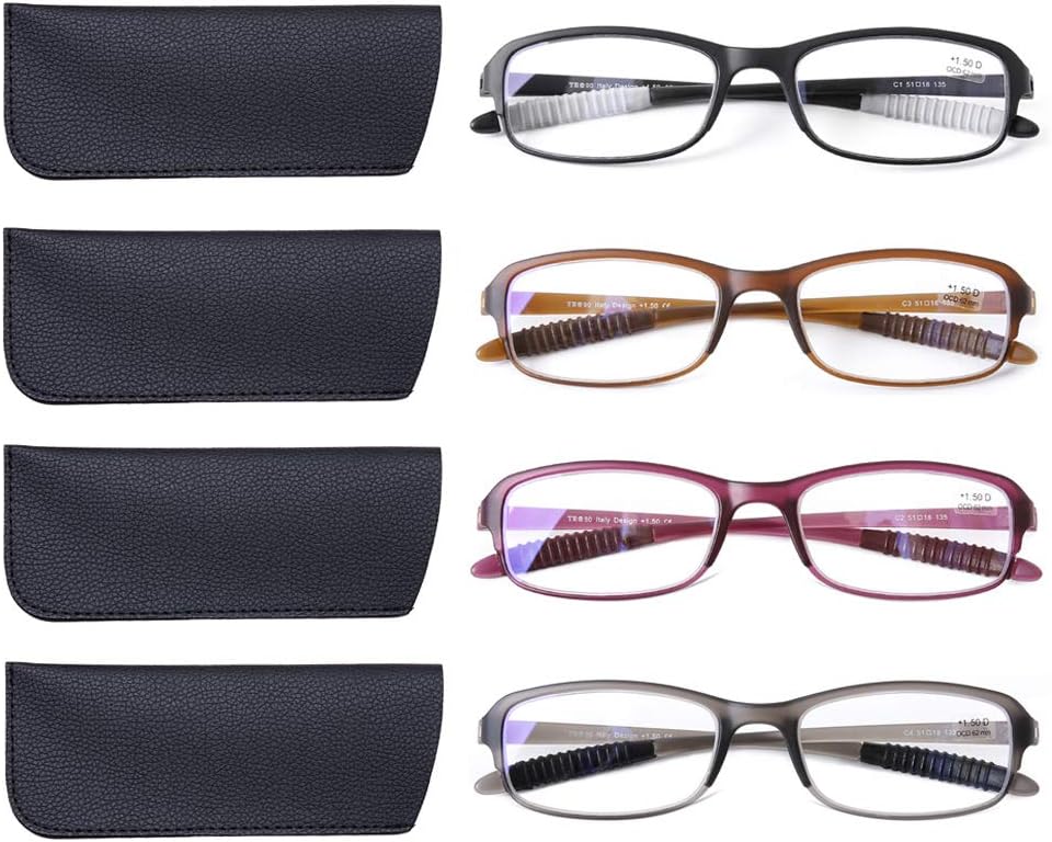 DOOViC 4-Pack Blue Light Blocking Reading Glasses Clear Lens TR90 Flexible Frame Spring Hinge Anti-Slip Silicon Tips Computer Readers for Men Women +1.5