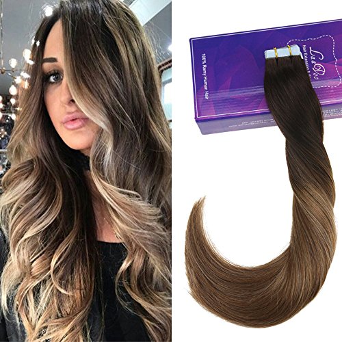 LaaVoo 14" Tape in Balayage Ombre Extensions Color #2 Fading to #5 With Color #18 Highlight Ombre Human Hair Tape Balayage Real Remy Hair Tape Extensions 50gram Per Package