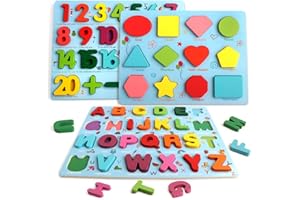 YOHELLY Puzzles for Toddlers, 3 Pack Wooden ABC Alphabet Number Shape Puzzles Toddler Learning Toys for Kids Boys and Girls 2-4, Preschool Educational Toys Gift for Kids Ages 1 2 3 4 5