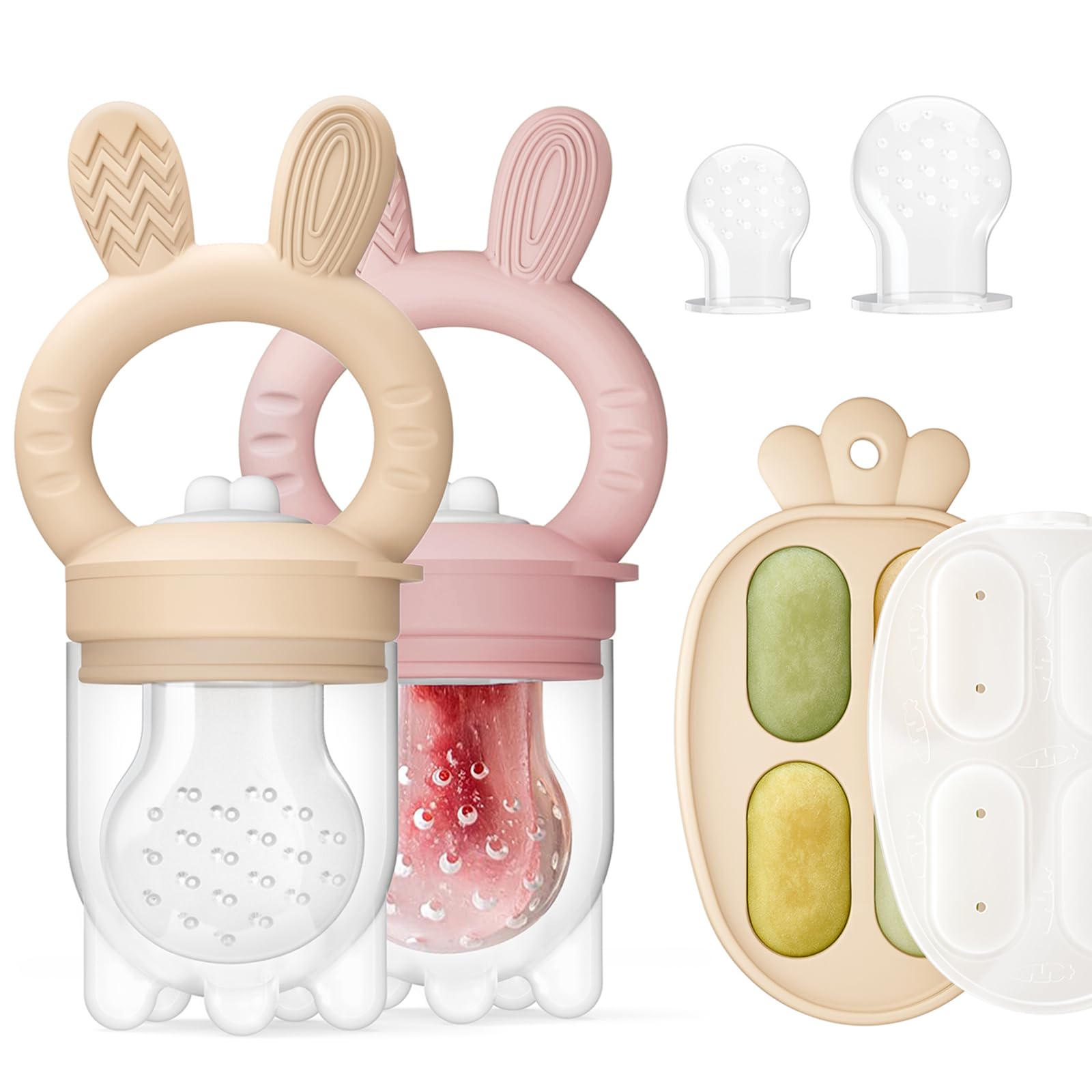 Photo 1 of 2 Packs Baby Fruit Feeder & Freezer Nibble Tray Combo, Push Pop Baby Food Feeder to Safely Introduce New Foods, Fresh & Frozen Food Silicone Feeder, 100% Food Grade, BPA Free (Caramel & Pink)