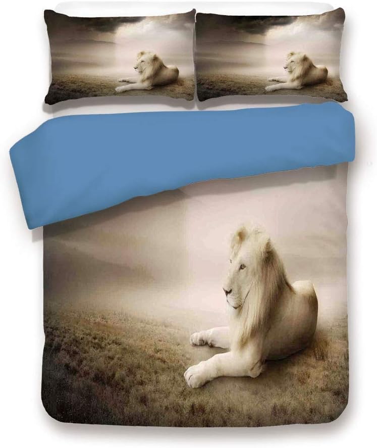 Blue 3pc Bedding Set,White Lion Setting at Sunset Dramatic Sky Foggy Clouds Desert Sunbeams Wilderness Pose Rare Twin Duvet Cover Set,Printed Comforter Cover with 2 Pillowcases for Teens Boys Girls &