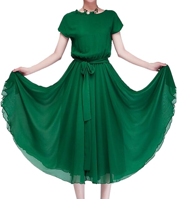 Amazon エレガント 欧風 シフォン ロング マキシ ワンピース ドレス 大人 服 レディース ファッション 結婚式 パーティ 二次会 大きいサイズ 通勤用 優雅 ハイウエスト グリーン L ワンピース チュニック 通販