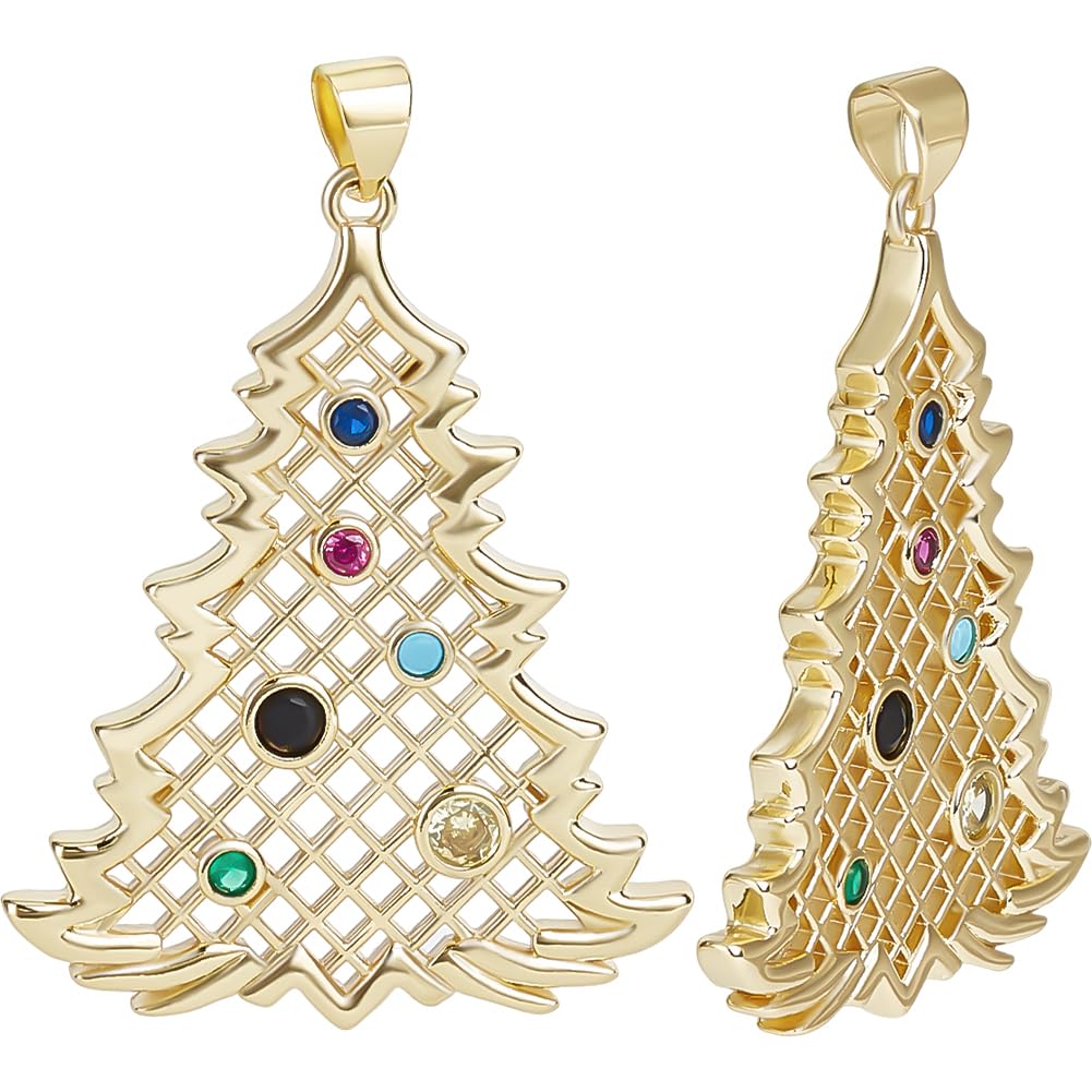 Beebeecraft Gold Christmas Tree Charms Real 18K Gold Plated Brass Cubic Zirconia Xmas Colorful Pendant Charms for DIY Jewelry Making