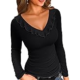VICHYIE Womens Long Sleeve Shirts V Neck Ruffle Hem Slim Fitted Ribbed Knit Trendy Tee Tight Tops