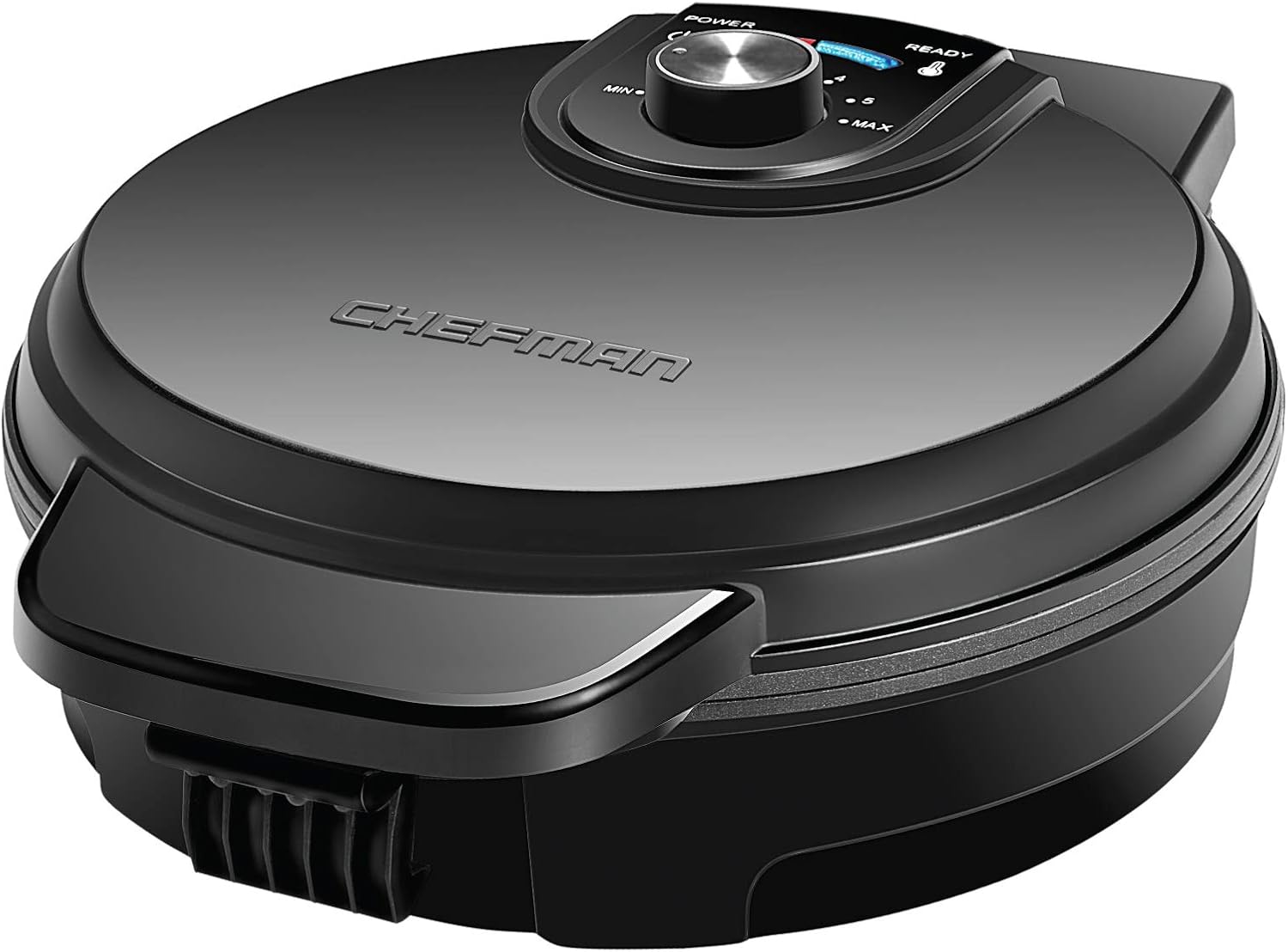 Chefman Anti-Overflow Belgian Waffle Maker w/ Shade Selector, Temperature Control, Mess Free Moat, Round Iron w/ Nonstick Plates & Cool Touch Handle, Measuring Cup Included, Black: Kitchen & Dining