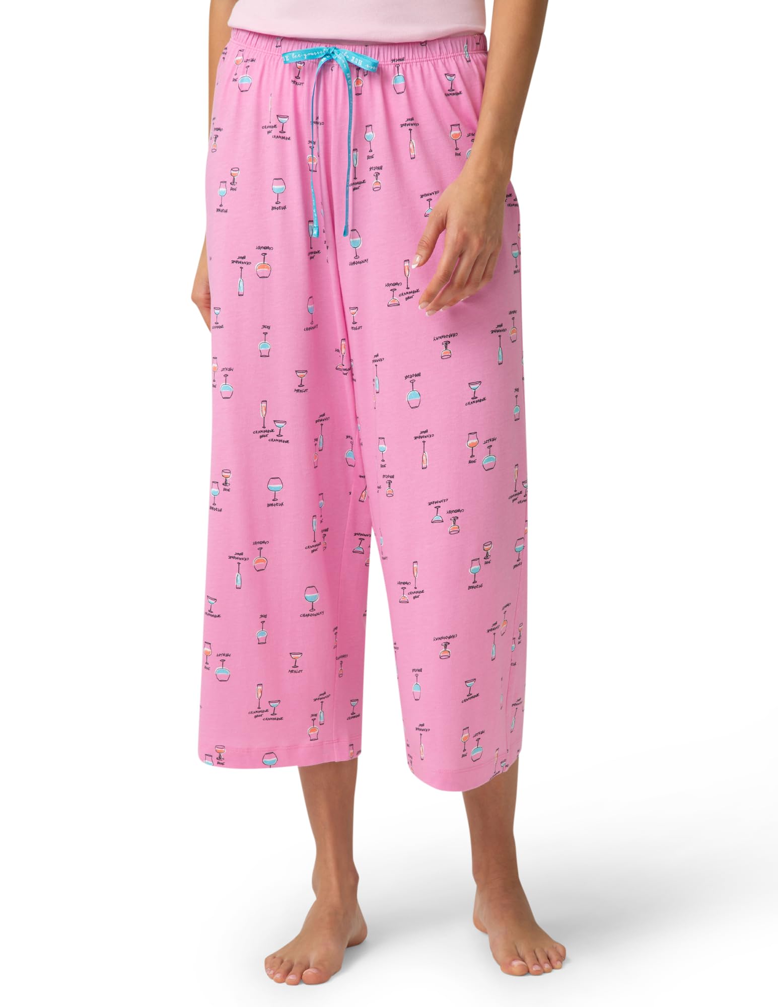 HUE Women’s Summer Vacation Pajama Separates, Soft, Whimsical Print Pjs with Tropical Beach Themes, Flip Flops, Cocktails, Fuchsia Pink Wine List – Sleep Capri Pants, X-Large