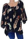 Blouse Women Feather Print V-Neck Blouse Pullover Tops Plus Size Shirt