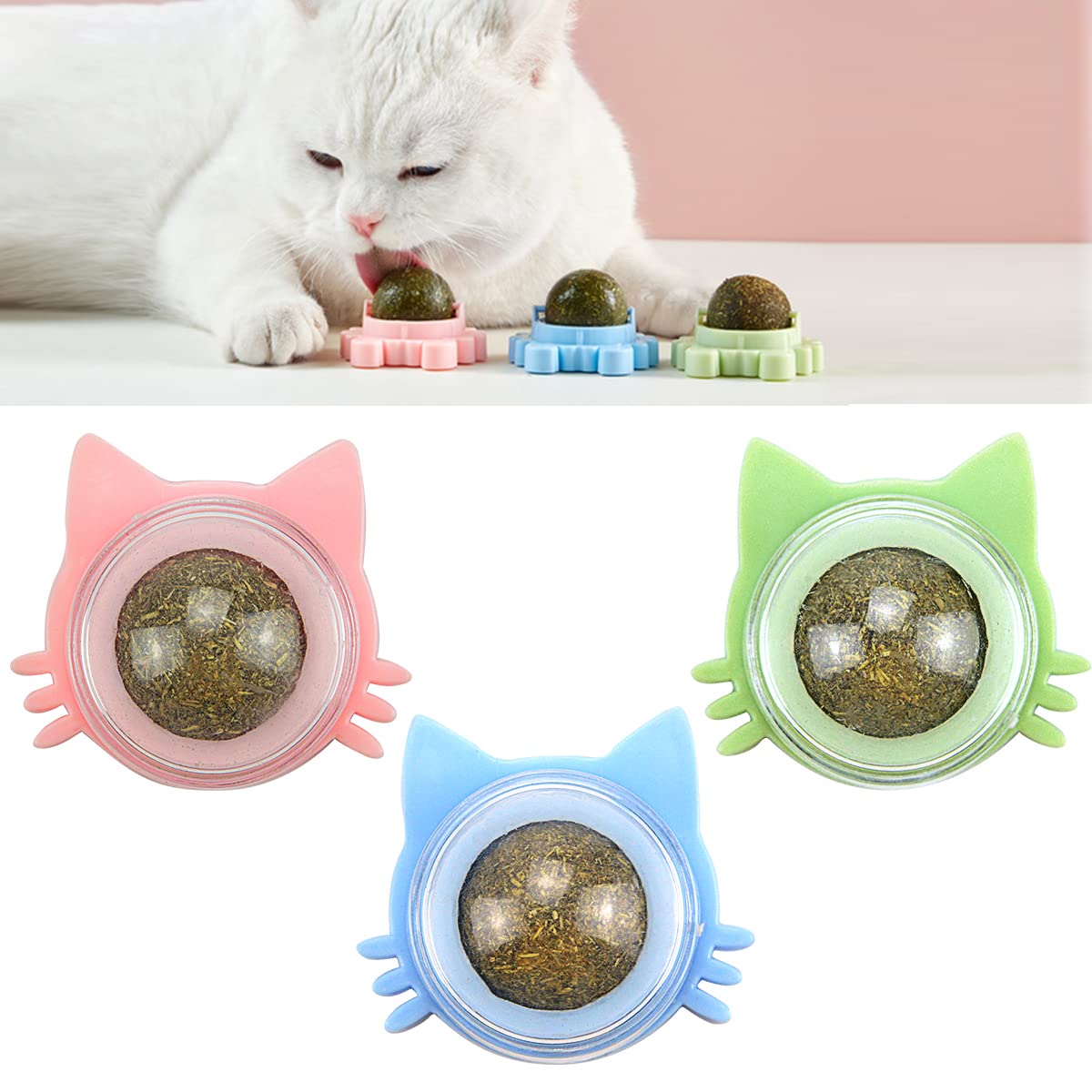 Fantasyon 3 PCS Catnip Balls Toy for Cats Edible Wall Ball Rotatable Natural Catnip Roller Ball Cat Teeth Cleaning Interactive Toy for Indoor Cats Playing Chewing (blue green pink)