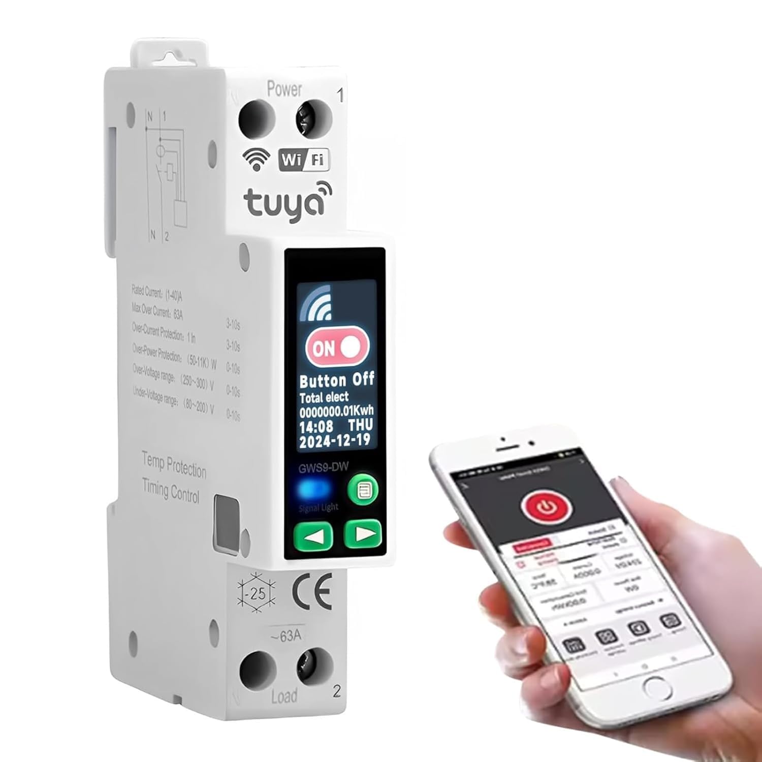 Tuya Smart WiFi Circuit Breaker, Timing Switch Power Metering Din Rail Circuit Breaker 1P+N 40A Mobile Phone Remote Control Switch for Smart Home AC 90V-240V
