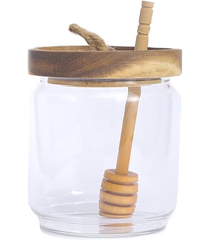 WLCTJ Pots à Miel Hermétiques En Verre De 500 Ml Avec Bâton Et Couvercle En Acacia, Distributeur De Miel Pour Stocker Le Miel Et Le Sirop, Rangement Scellé, Cadeaux De Cuisine