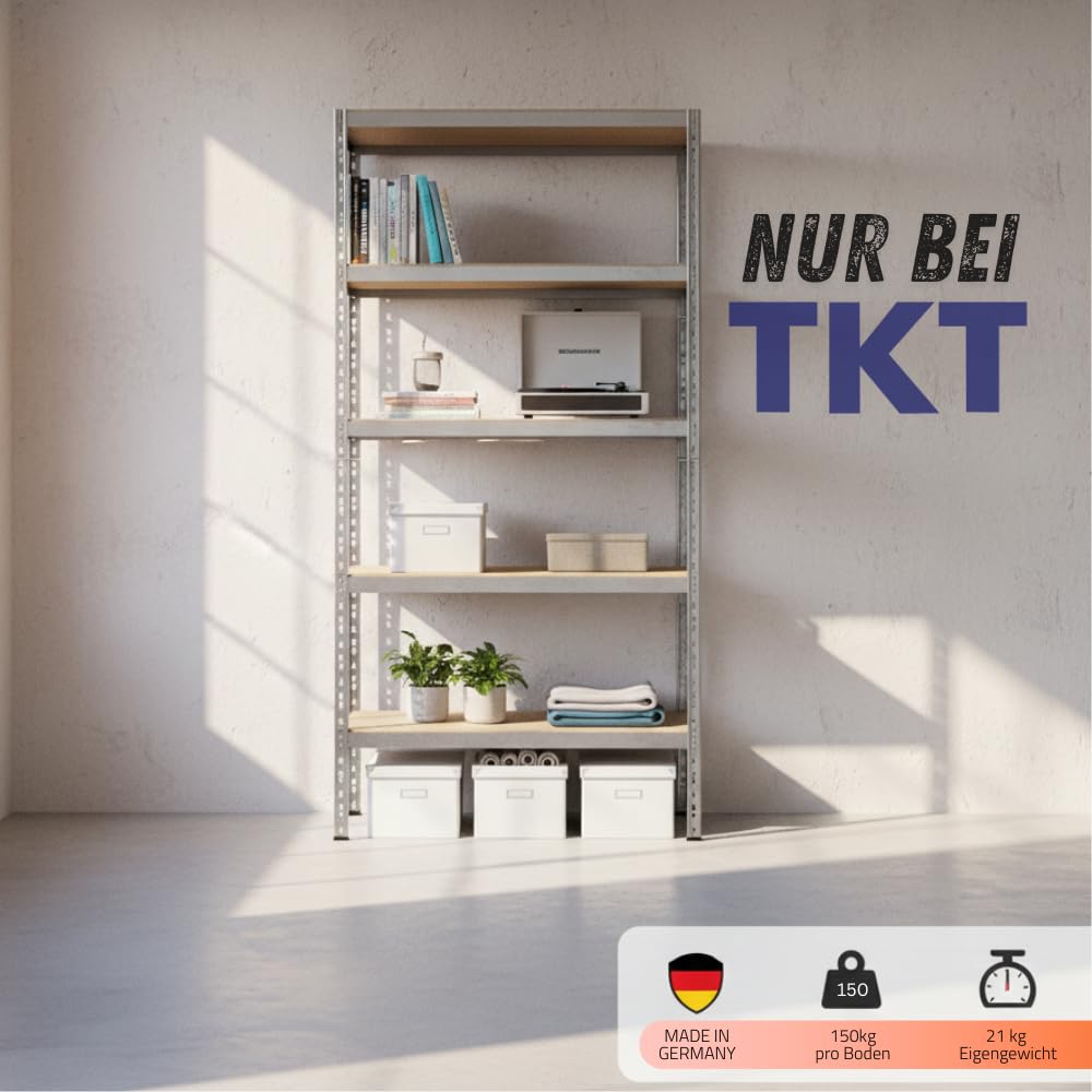 TKT – Work System Steckregal mit Holzböden 180x90x40cm - Verzinktes Regal mit 150kg Tragkraft pro Boden. Schwerlastregal mit 5 Böden für Werkstatt, Wohn- & Kellerraum 7