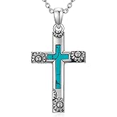BETHZA Turquoise Cross Necklace 925 Sterling Silver Vintage Sunflower Turquoise Religious Cross Pendant Jewelry for Women