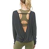 Muzniuer Women's Long Sleeve Open Back Workout Shirts Loose Backless Yoga Shirts Thumb Hole Shirts