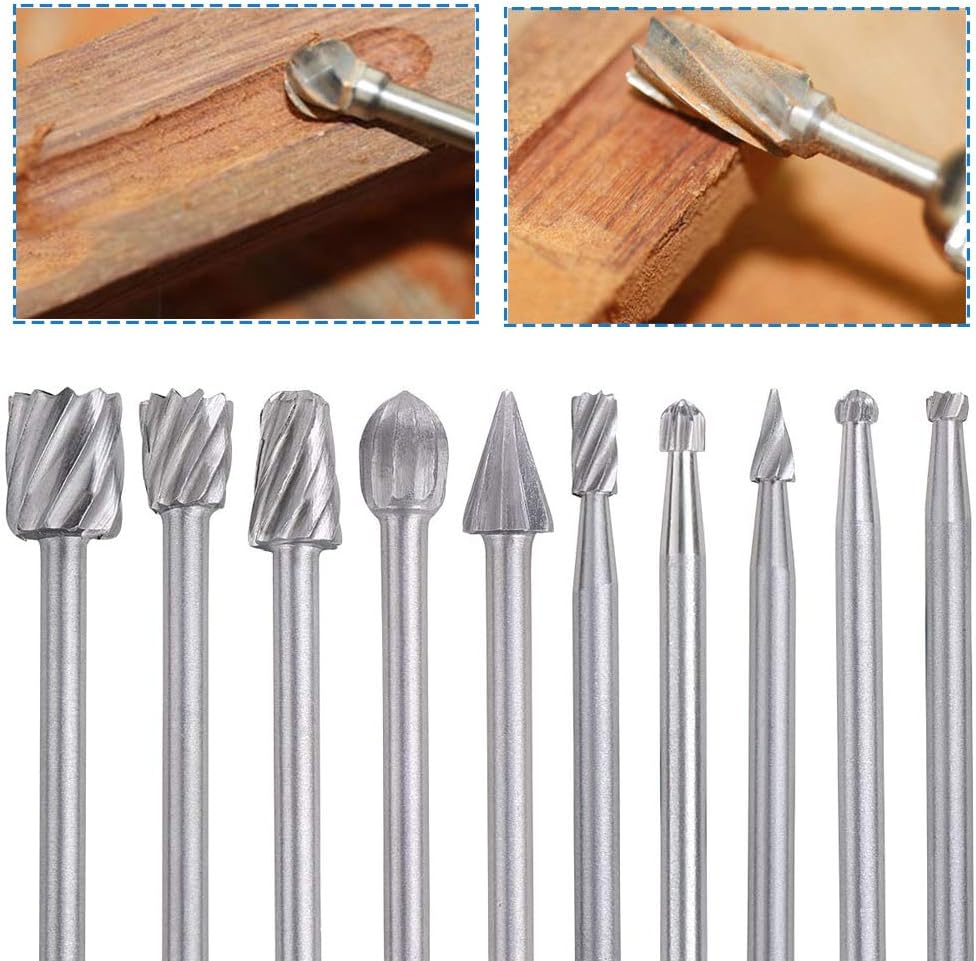 Saipor 5pcs 1/4" Shank Rotary Rasp File Burr Set Woodworking Chisel Shaped Rotating Embossed Grinding Head and 10pcs 1/8" Shank HSS Routing Router Bits Burr Wood Carving Drill Bits Set - Image 4