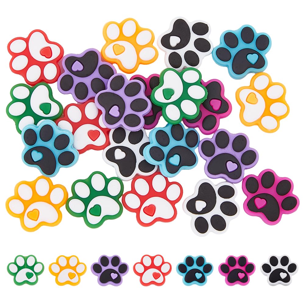 DICOSMETIC 21Pcs 7 Colors Paw Print Silicone Beads Dog Paw with Heart Focal Beads Cute Cartoon Beads for Keychain Pens DIY Making