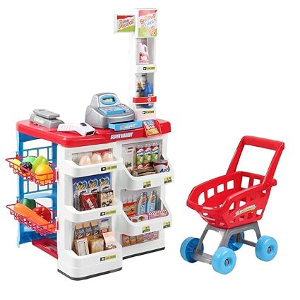 Kaufladen Spielzeug Registrierkasse Supermarktkasse mit Ladentheke und Einkaufswagen Kinder Kaufmannsladen