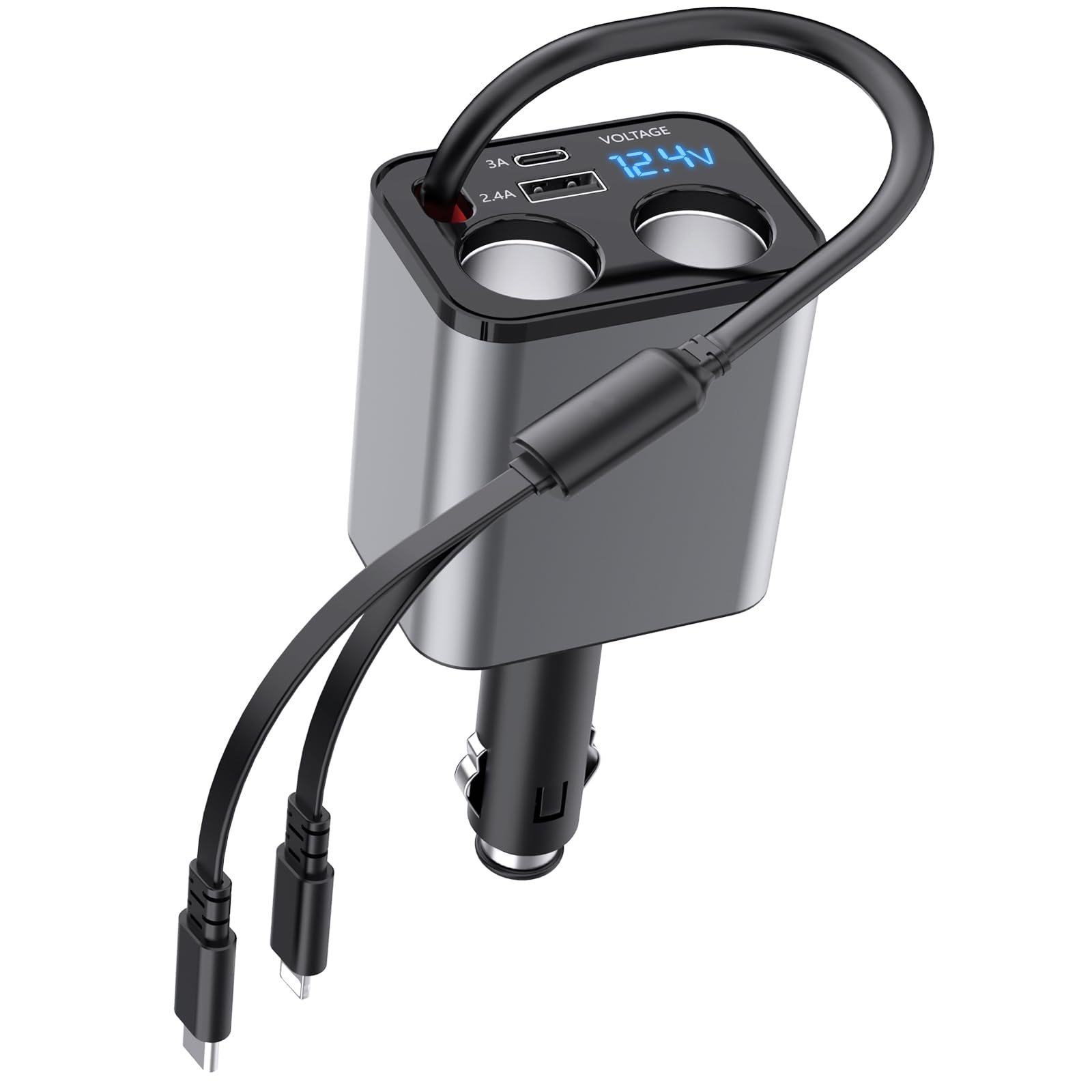 Photo 1 of Retractable 4-in-1 Car Charger, Compatible With iPhone 16, TypeC Fast Charging, 159W Adapter and 2 Cigarette Plug Splitter for iPhone 16/15/14/13/12/Galaxy/Pixel