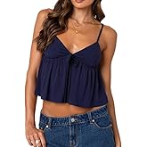 Babydoll Tops for Women Cute Spaghetti Strap Front Tie Tank Top Summer Going Out Flowy Hem Cami Tops