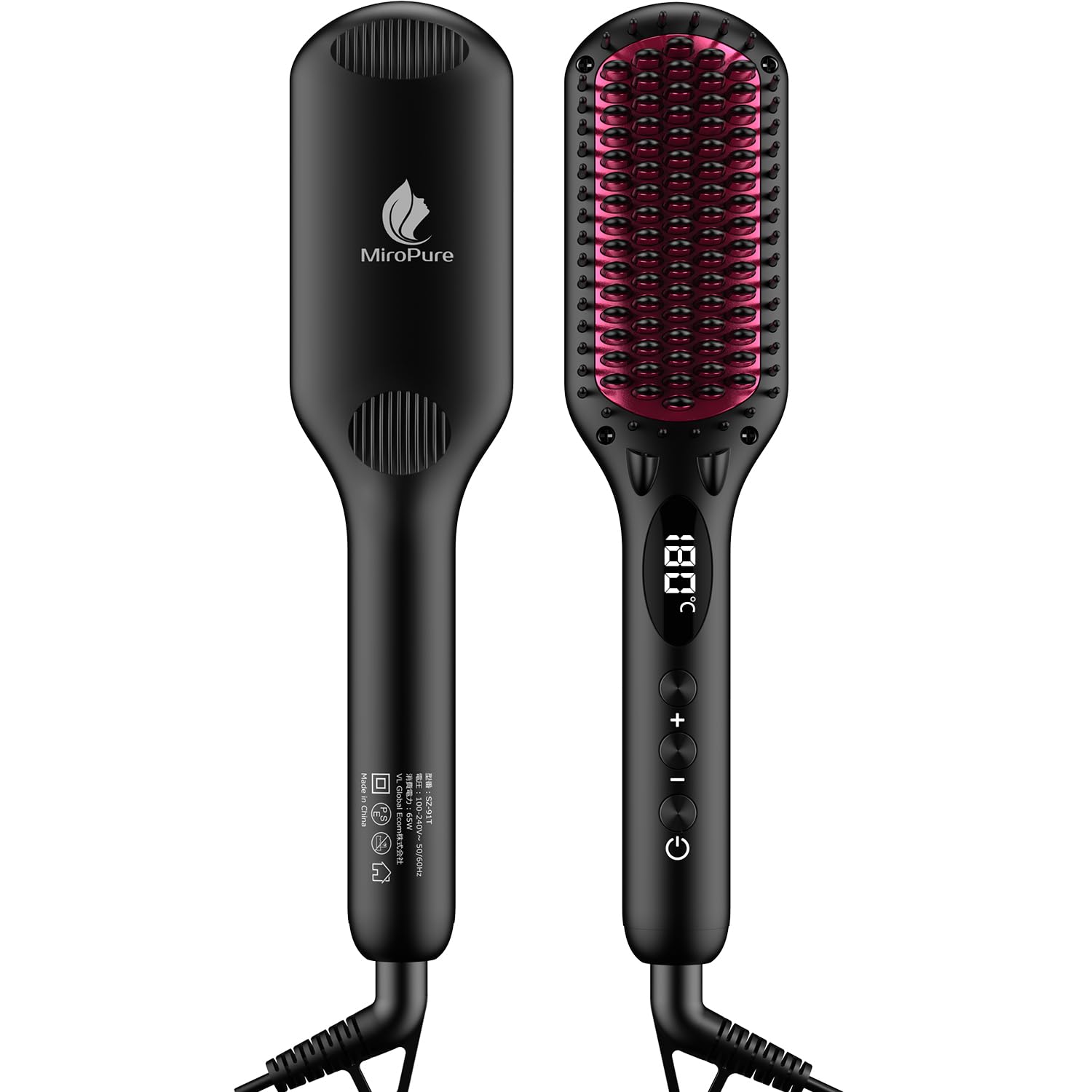 MiroPure ストレートブラシ ヘアアイロン ヒートブラシ マイナスイオン 16段階温度調節 MAX230℃ ツヤ感UP 温度記憶 急速加熱 1時間自動電源オフ 火傷防止 LEDデイスプレー 静電気防止 温度ロック機能 誤作動防止 頭皮ケア 髪質改善 海外対応 ブラック商品画像