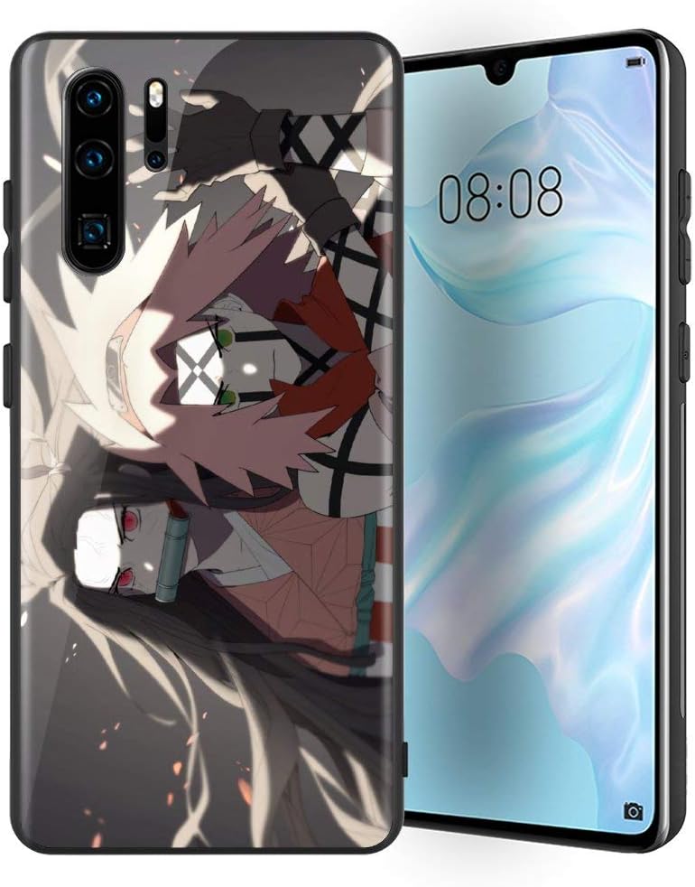 MAOFANG Huawei P30 Pro Tempered Glass Case, Toughened Case Back Cover with Soft Silicone Bumper, Shockproof Protection Demon Slayer Kimetsu no Yaiba 168 Phone Case for Huawei P30 Pro (6.47 Inch)