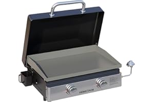 HongTaok 23 Inch Portable Propane Gas Grill with Lid & Stainless Steel Front Plate, Propane Tabletop Flat Top Grill for Camping, BBQ and Outdoor Cooking, 2 Burners