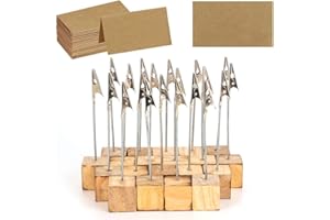 LEPOHOME 20 Pcs Wood Place Card Holders and 30 Pcs Kraft Place Cards, Photo Holders for Table, Rustic Wood Table Picture Number Holder Stand with Memo Clips for Wedding Party Name Sign