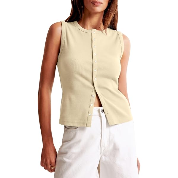 KIGRAD Women Crewneck Sleeveless Button Up Tank Shirts Slim