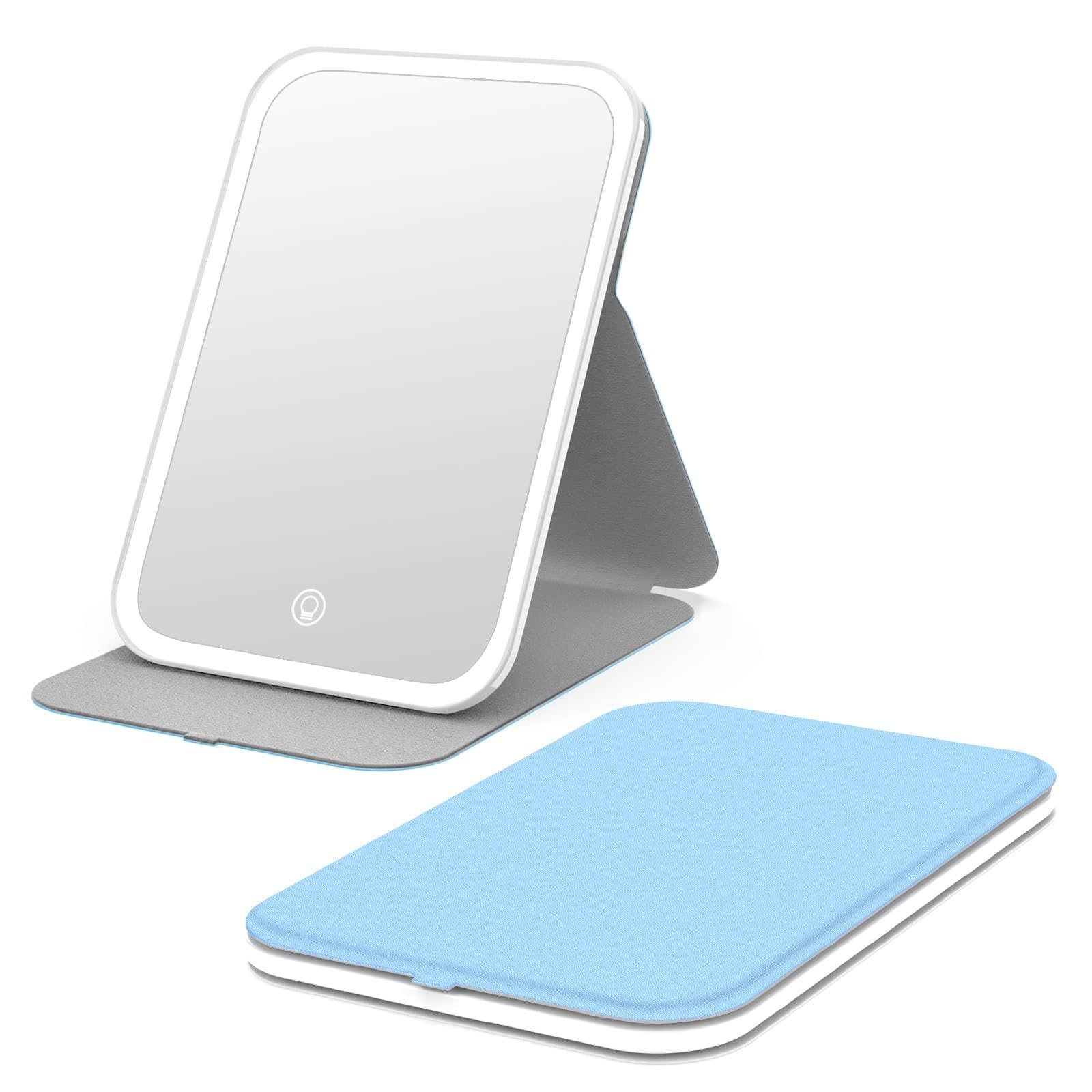 Kintion Travel Makeup Mirror, Portable LED Lighted Makeup Mirror, 360° Rotation Touch Screen, 3-Color Dimmable Lighting, Rechargeable Tabletop Folding Vanity Mirror, Blue