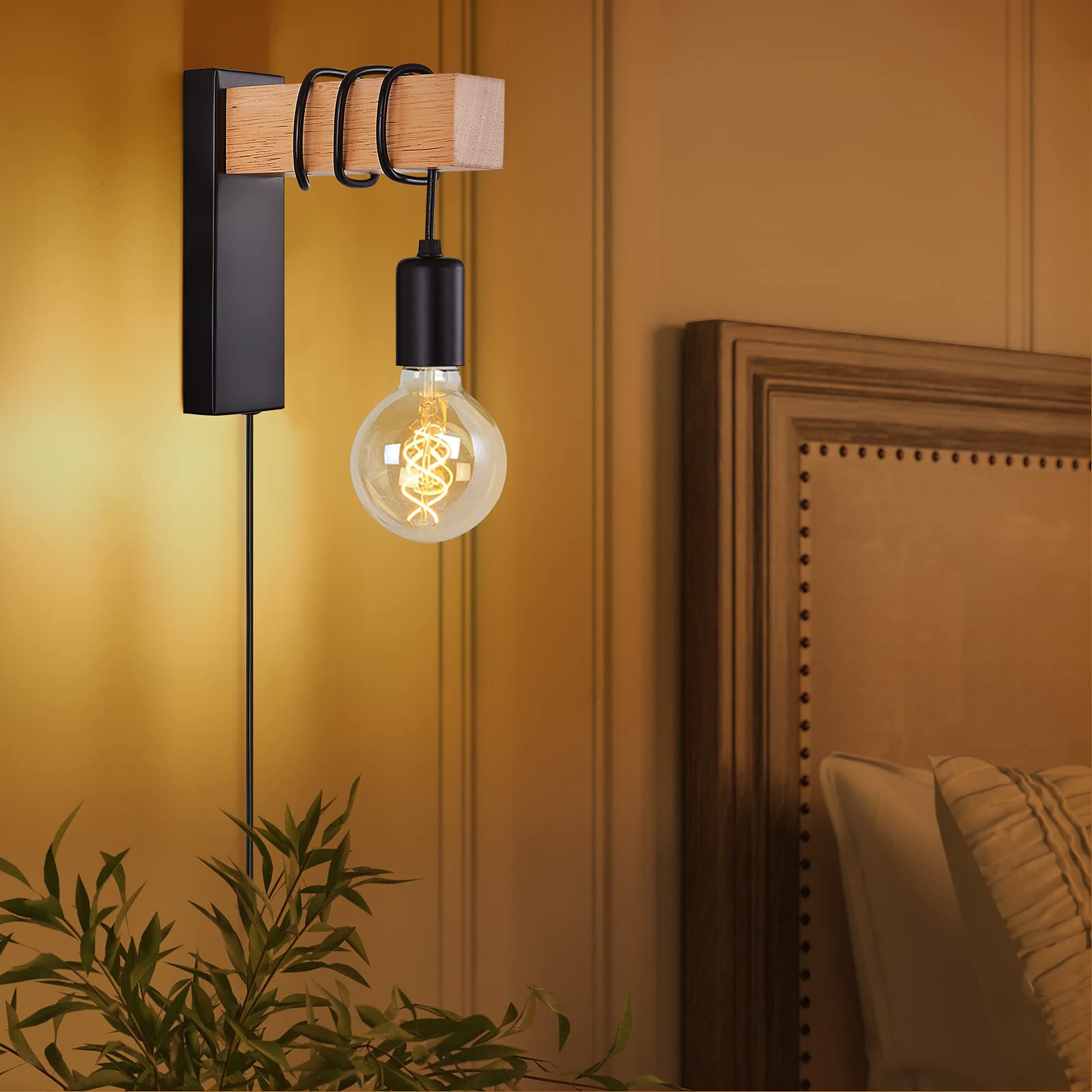 Industrial Plug in Wall Lights for Bedroom, Black Wall Sconce with Cord, Wall Lamps Reading Fixture for Living Room Loft Wood Mounted with Switch Indoor Decor Edison Lighting (E27 Bulb Excluded)