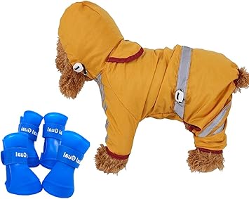 Babyhomder Regenmantel Und Regenstiefel Fur Kleine Hunde Reflektierende Streifen Mit Kapuze Und Vier Beinen 100 Polyester Wasserfest Niedliche Haustier Wasserfest Rutschfest Silikon Amazon De Haustier