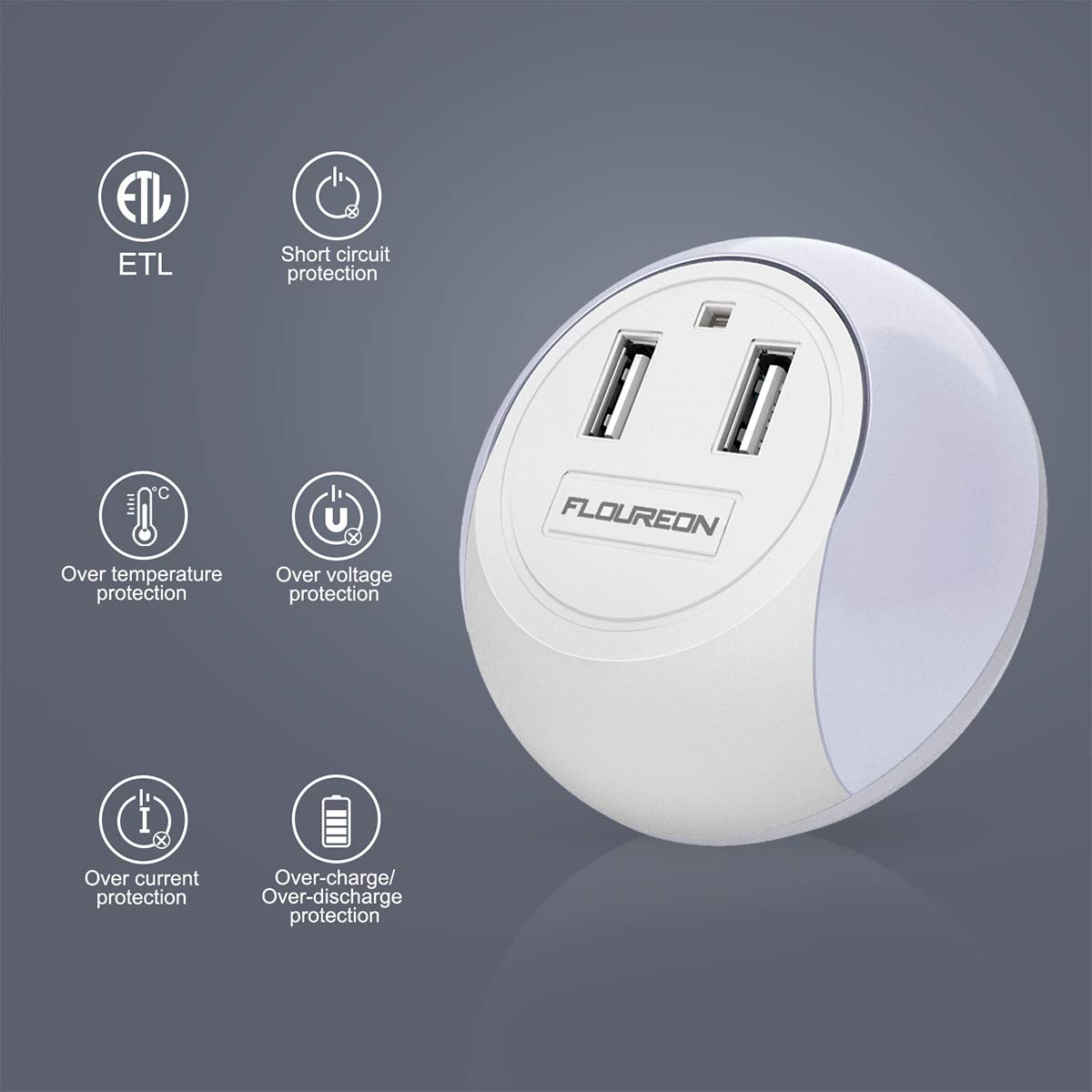 Floureon KF-8910 Led Night Light USB Charger Dusk to Dawn Sensor Dual USB Wall Plate Phone Charger (2 Pack)