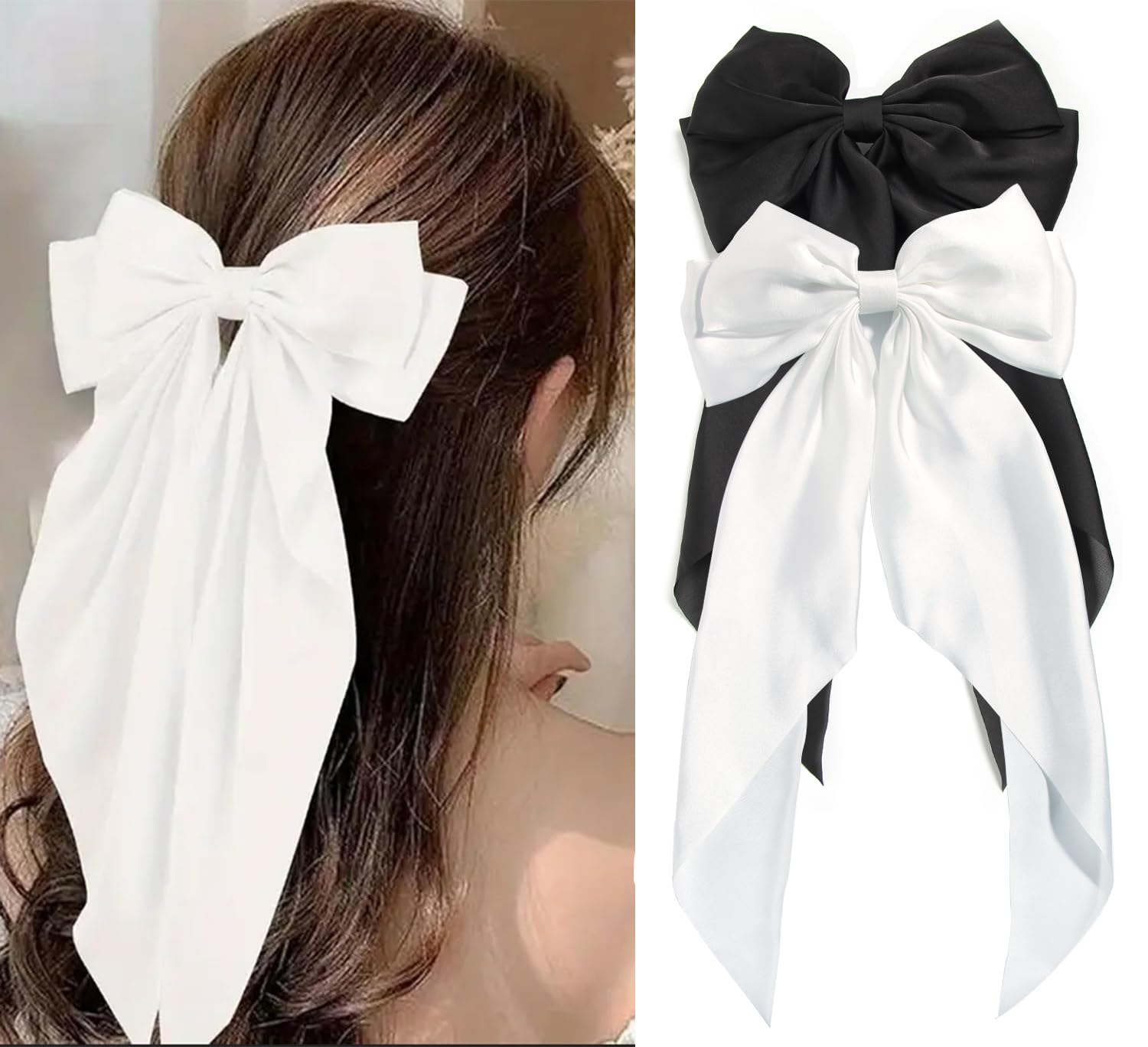 SUSULU Black Hair Bows Clips for Women,Big White Bows for Girls Hair Satin Hair Bow Clips Barrettes 2pc Large Hair Ribbons Oversized Long-tail Cute Aesthetic Hair Accessories Christmas Birthday Gifts