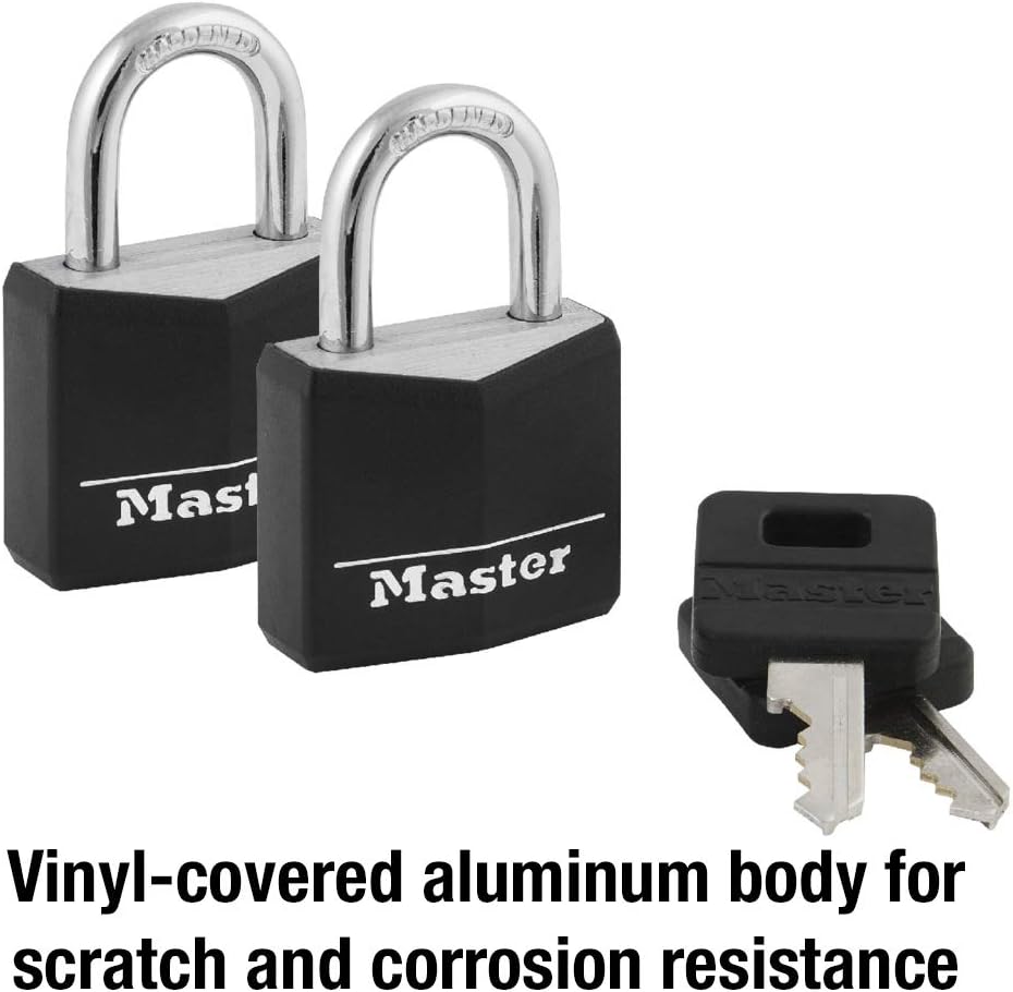 Master Lock 131T Covered Aluminum Keyed Alike Padlocks, 2 Pack, Black, 2 Count - Outdoor Locks - 