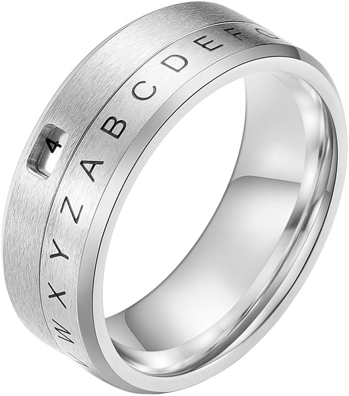 INRENG 8MM Men's Stainless Steel Alphabet Number Fidget Spinner Ring Decoder Design Silver, Black, Gold