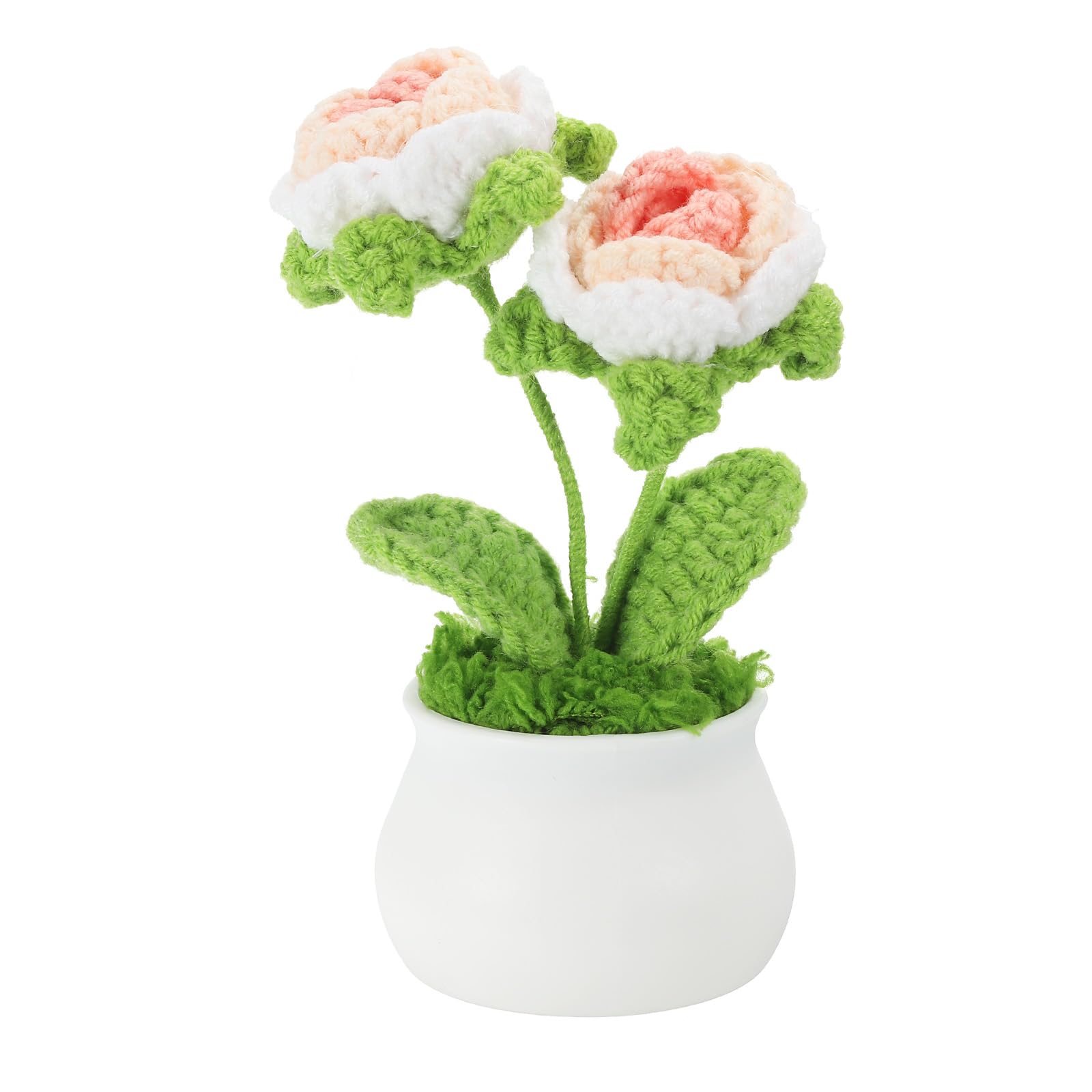 PATIKIL Crochet Flowers Potted, 2 Head Rose Flowers Handmade Knitted Mini Potted Plants Artificial Flowers for Valentine's Gifts Home Office Tables Decoration, Gradient Pink White