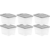 Amazon Basics Plastic Storage Containers with Secure Latching Lids, Stackable Organization Bins, Clear/Grey, 19 Quart, Set of