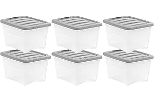 Amazon Basics Plastic Storage Containers with Secure Latching Lids, Stackable Organization Bins, Clear/Grey, 19 Quart, Set of 6