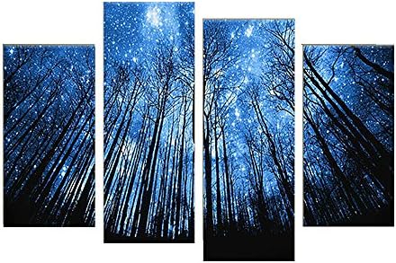 BERDECIA Starry Night Forest Oil Painting Printed on Canvas Wall Art Modern Abstract Nature Night View 4 Pieces Shining stars Wall Art for Bedroom Blue Black(No frame)