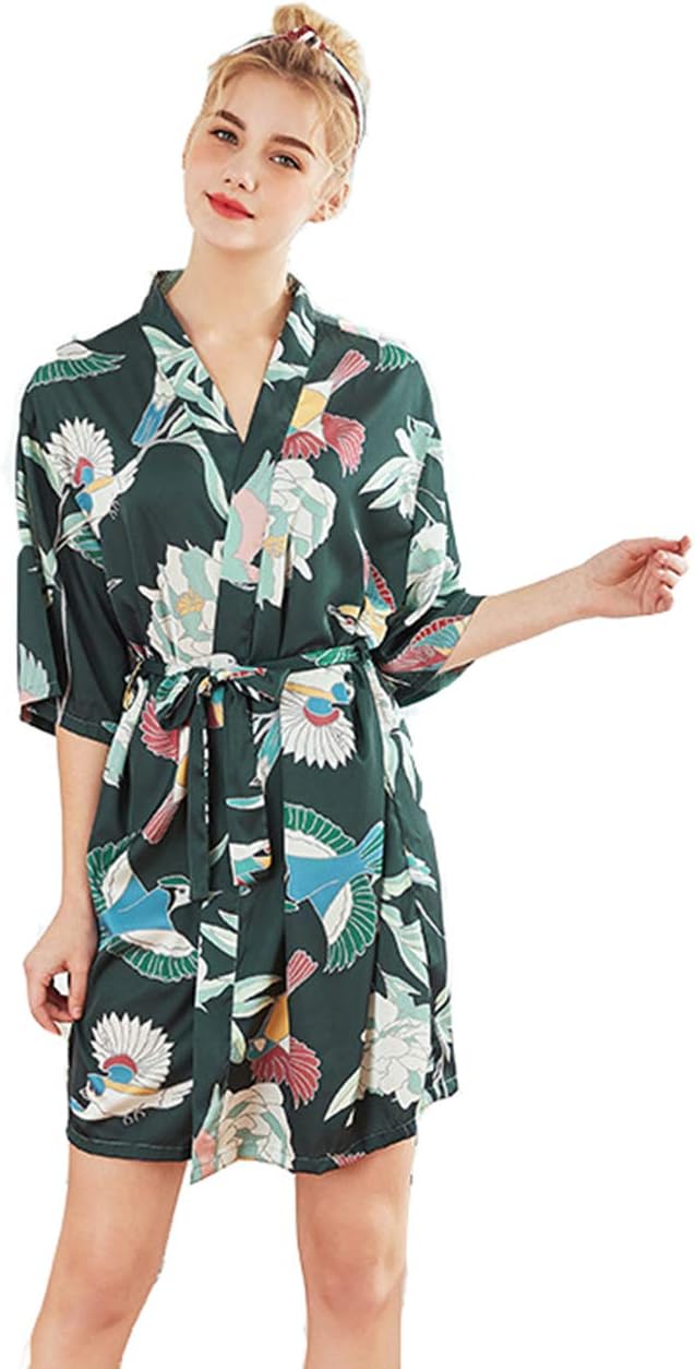 DSJJ Women's Dressing Gown Kimono Bathrobe Silky Satin Robes Bridesmaid Nightwear Printing Pyjamas Nightgown