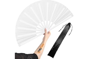 OMyFans Large Rave Folding Hand Fan - Foldable Chinese Tai Chi Kung Fu fan - Ideal for Festivals, EDM, Dancing, Hot Flashes, Church and Gifts (White)
