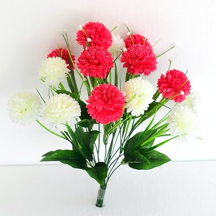Ashiyanadecors Artificial Carnation Bunch 14 Flowers White & Magenta Natural Looking for Home & Garden Decor