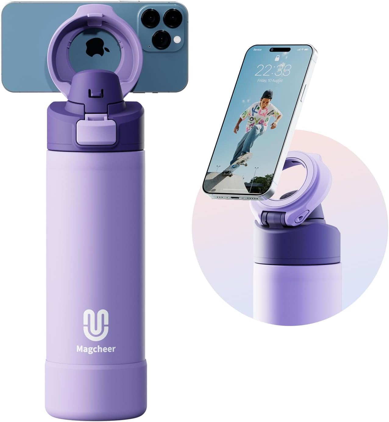 magcheer 750ml Magnetic Water Bottle with Phone Holder Compatible with MagSafe Insulated Gym Cold Drink Bottle for 24 Hours Tripod Bottle for Travel & Fitness Selfie(Purple)