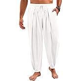 Runcati Mens Casual Harem Pants Drawstring Elastic Waist Cotton Cropped Trousers Yoga Beach Lightweight Pants